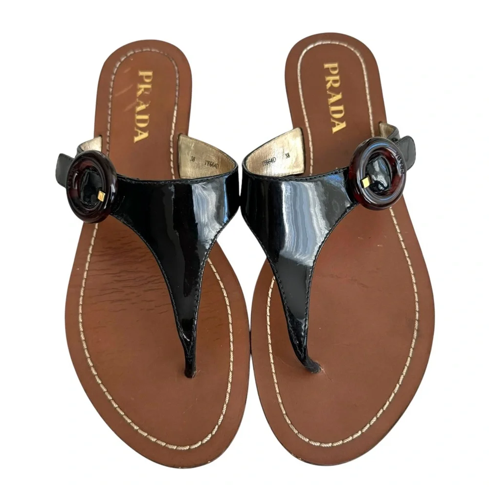 PRADA Black Patent Flat Sandals Leather Thong Slides Women’s 38 - Picture 3 of 17